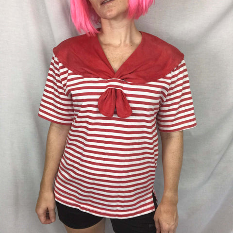 Vintage 80s | Pink Retro Striped Sailor Collar T Shirt Kawaii Tee Blouse Top | S