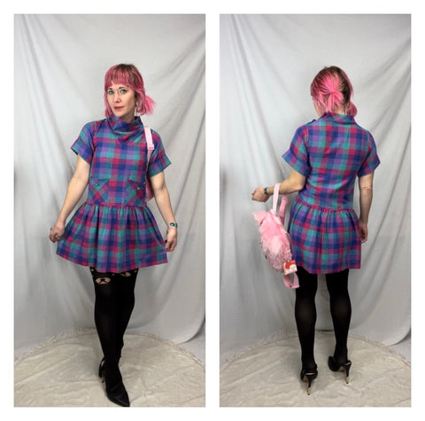 Vintage 80s | Pink Plaid Babydoll Mini Dress | Size S