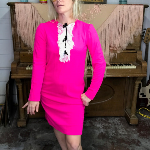 Vintage 1960s 60s | Hot Pink Mod GoGo Ruffle Neck Mini Dress | S/M