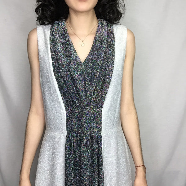 Vintage 70s | Metallic Silver Retro Groovy MOD Boho Maxi Disco Goddess Dress S/M