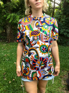 Vintage 60s 70s | Novelty Op Art Psychedelic Shirt Top Mod Boho Disco Blouse | L