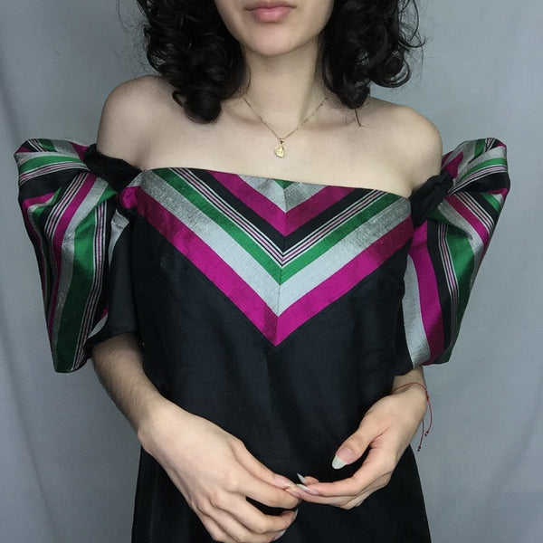 Vintage 70s 80s Wild Glam Raw Silk Geometric Puff Sleeve Disco Bowie Dress | S/M