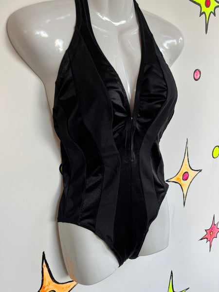 Vintage 70s Black Plunging One Piece Swimsuit Bodysuit Bathing Suit | Small