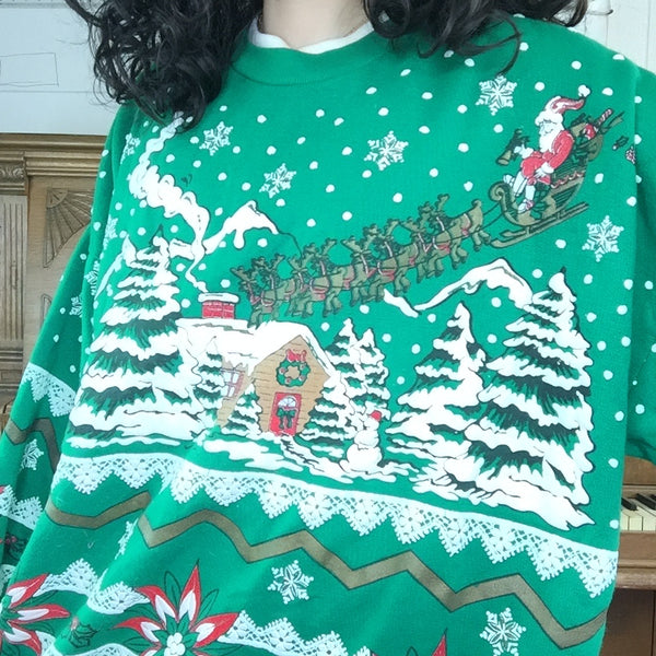 Vintage 80s | Santa Sleigh Puffy Paint Ugly Christmas Sweatshirt Sweater | XXL