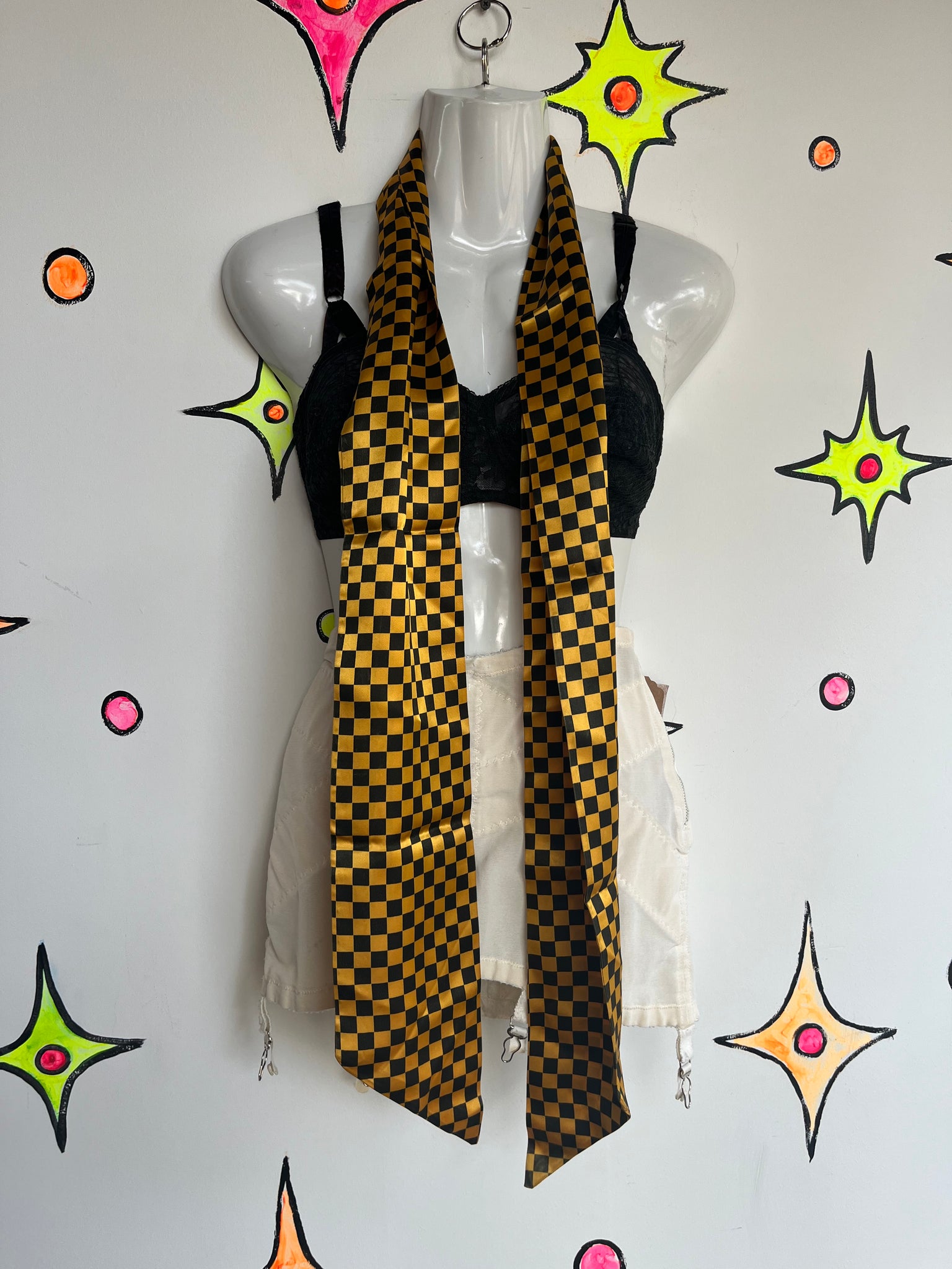 Vintage 80s Gold and Black Long Checkered Silk Scarf
