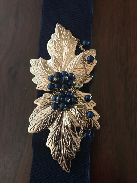 Vintage 70s Elastic Belt with Gold Leave Clasp