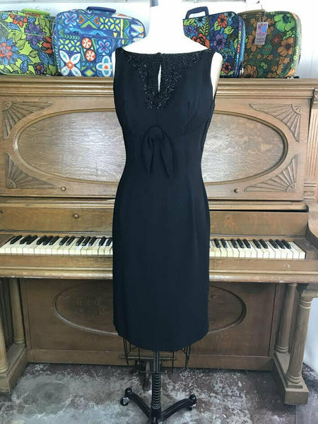 VTG 50s 60s Black Beaded Mid Century Pencil Hourglass Wiggle Cocktail Dress XS