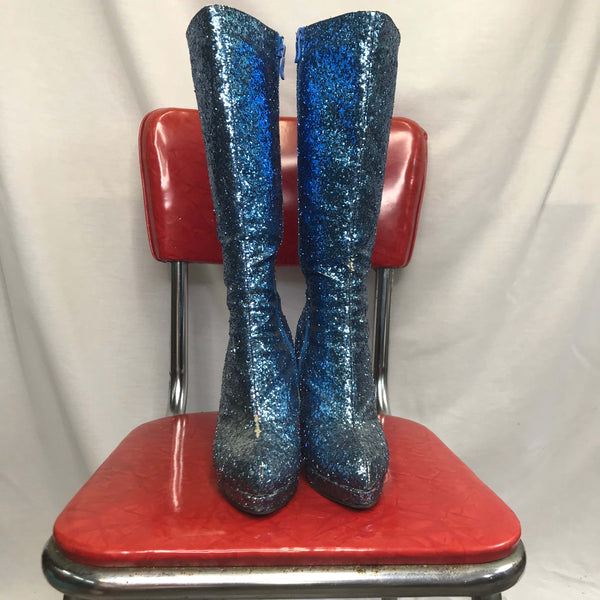 Bowie Inspired | Blue Glitter Stiletto GoGo Platform Heel Boots | Ellie | Size 8
