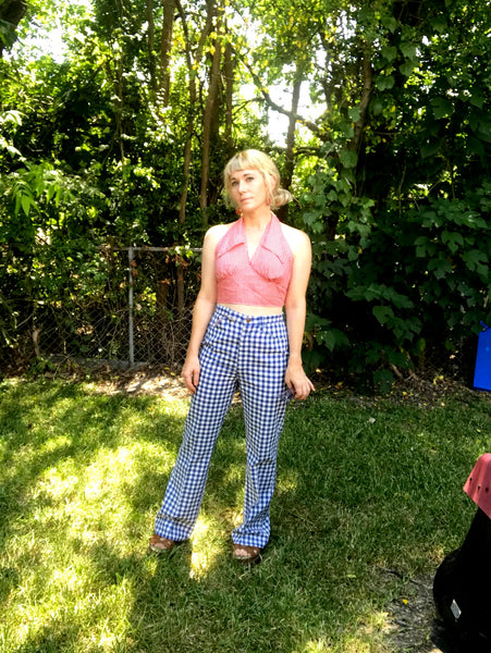 Vintage 60s 70s | Blue Checker High Waisted Boho Hippie Bell Bottoms | S