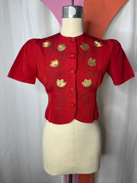 Vintage 1940s | Charming Red and Gold Cropped Bolero Jacket or Top | Size S