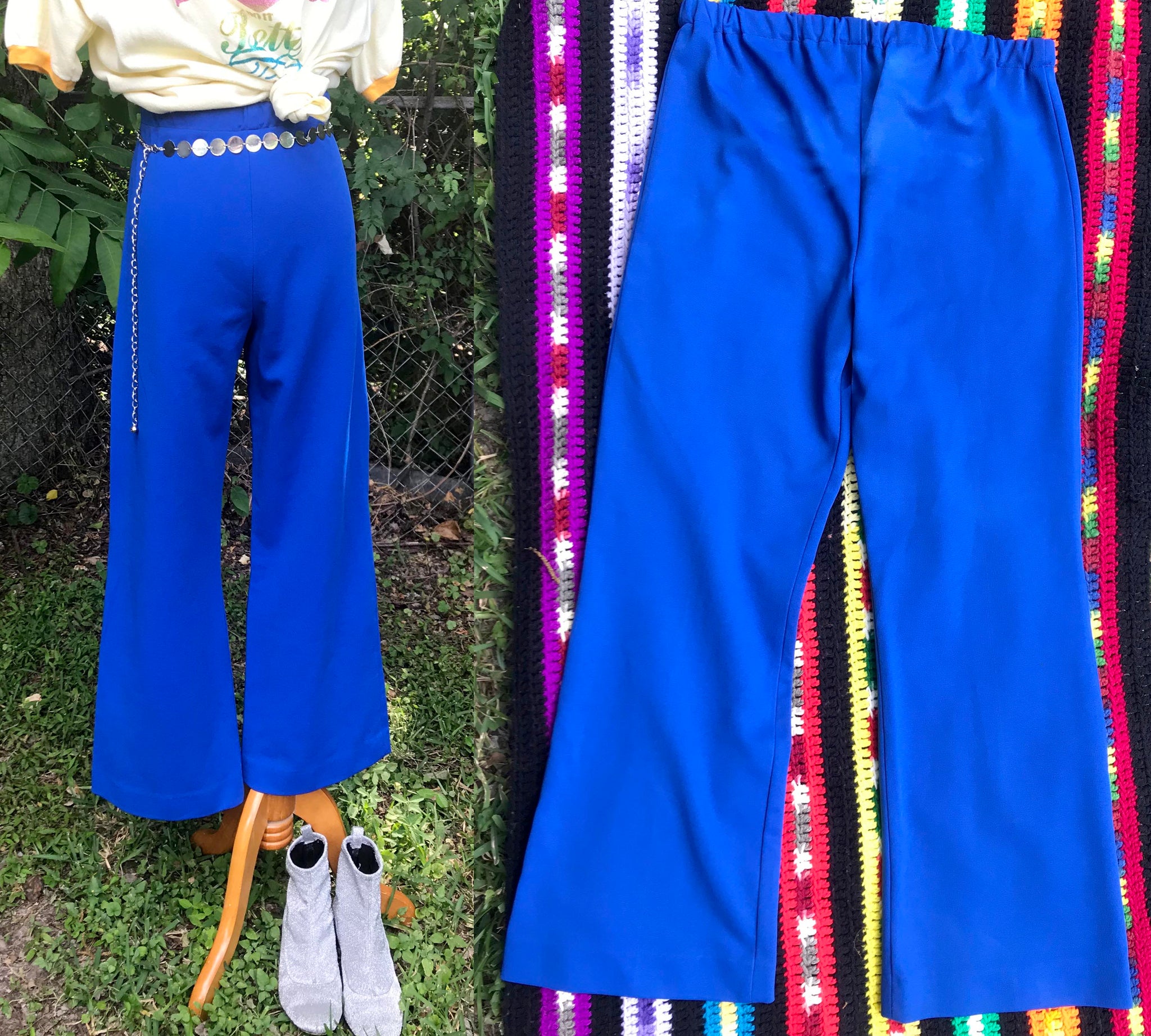 Vintage 70s | High Waisted Boho Hippie Disco Polyester Wide Leg Bell Bottoms M L