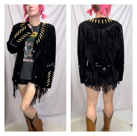 Vintage 80s 90s | Black Leather Jacket with Fringe Western by Cache | Size 10