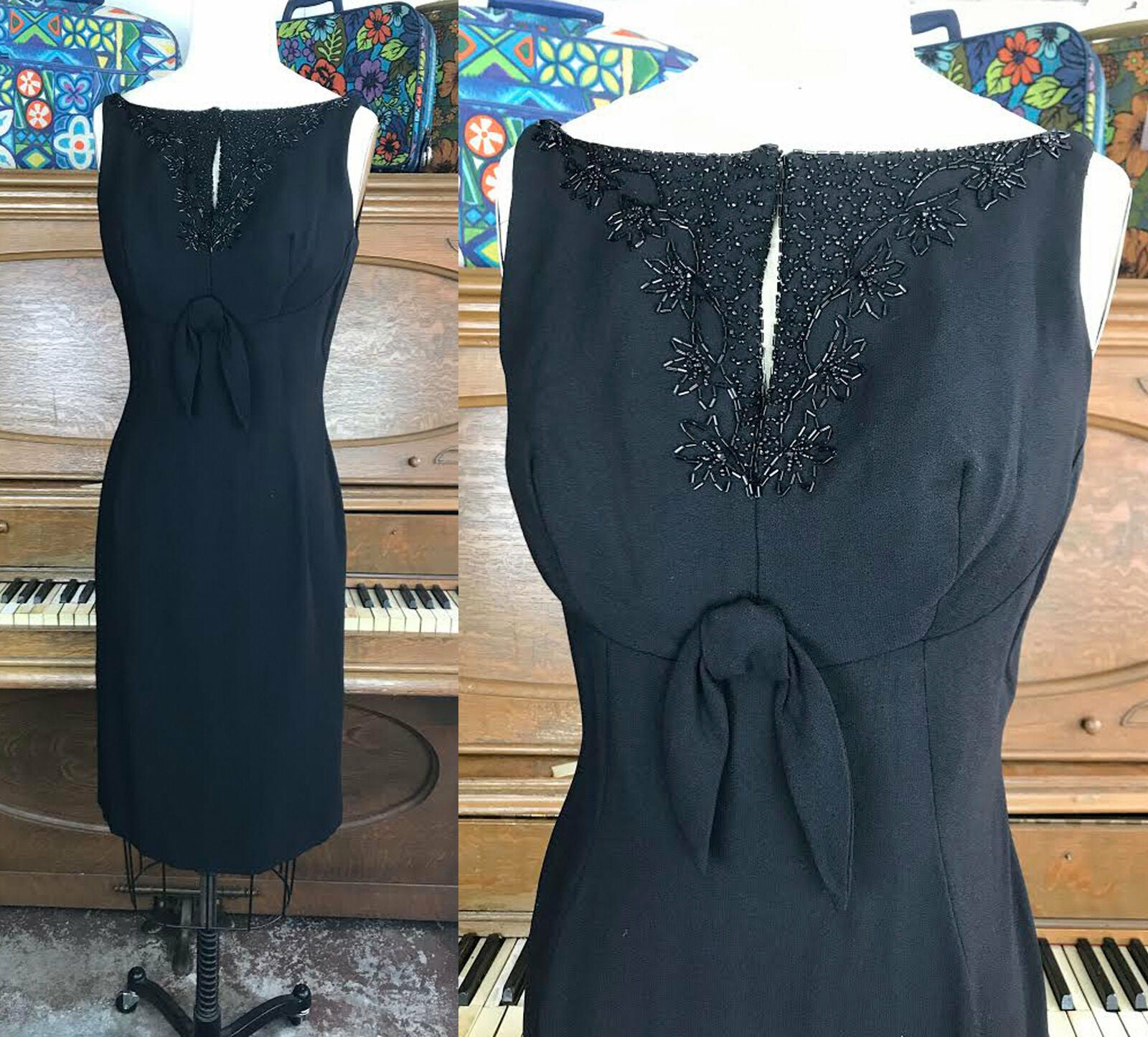 VTG 50s 60s Black Beaded Mid Century Pencil Hourglass Wiggle Cocktail Dress XS