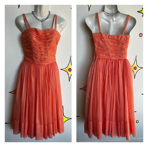 Vintage 50s 60s | Fit & Flare TuTu Full Skirt Pink Chiffon Prom Party Dress | XS