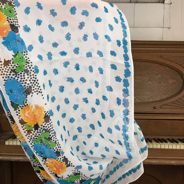 Vintage | Specialty House Blue Floral Boho 100% Silk Scarf | Made in Japan