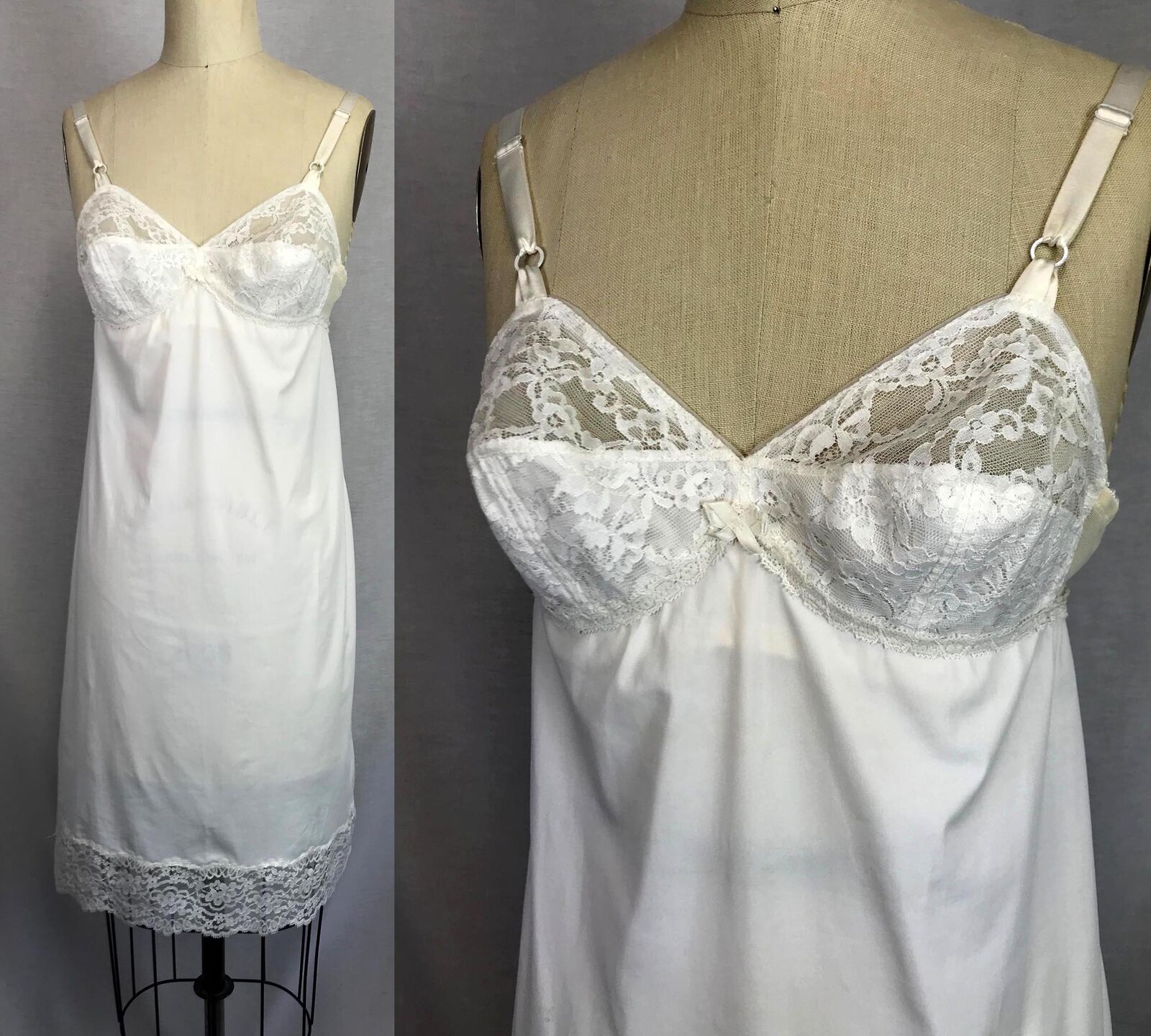 Vintage 60s White Lace Bullet Bra with Embroidered Flower by