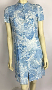 VTG Vintage 60s 70s ADELE SIMPSON Blue Boho Asian Mandarin Abstract Mini Dress