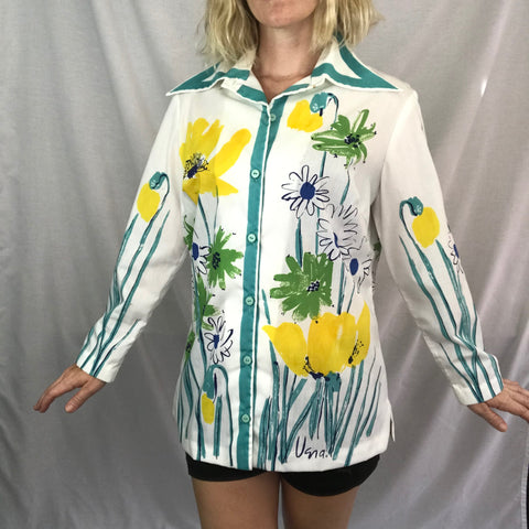 Vintage 70s Vera Neumann Signed Groovy Bohemian Colorful Floral Hippie Blouse XL