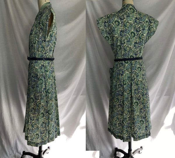 Vintage 40s 1940s | Wartime Fit and Flare Paisley Cotton Day Dress | M/L 10