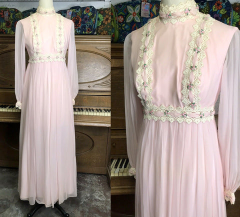 VTG 60s 70s | Boho Edwardian Prairie Dress Empire Sheer Ruffles Lolita Bows | XS