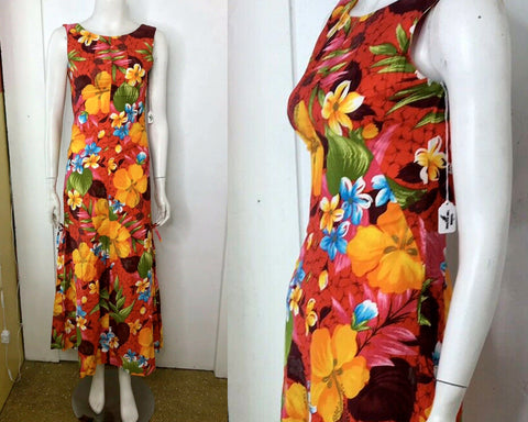 Vintage 70s | Mod Tiki Hawaiian Tropical Floral Sleeveless Maxi Dress | XS