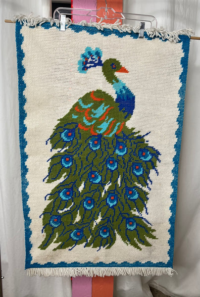 Vintage 70s Latch Hook Wall Hanging Peacock Mid Century Home Decor