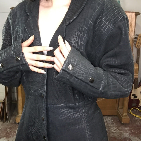 Vintage 80s 90s | Black Grunge Croc Leather Jacket by Paula Antinori | L