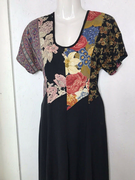 Vtg Vintage 90s Grunge Patchwork Floral Midi Boho Hippie Dress Size Small S