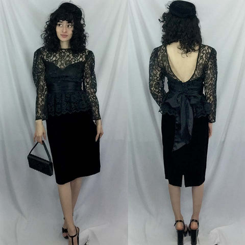 Vintage 80s Gunne Sax | Black Lace Peplum Dress | XS