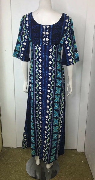 Vintage 60s Mod Cotton Barkcloth Hawaiian Blue Op Art Psychadelic Maxi Dress S