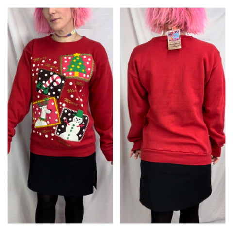 Vintage 80s 90s | Red Puffy Paint Glitter Tacky Ugly Christmas Sweater | M