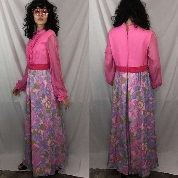 Vintage 60s 70s MOD Go Go Groovy Pink Floral Psychedelic Bellbottom Jumpsuit S