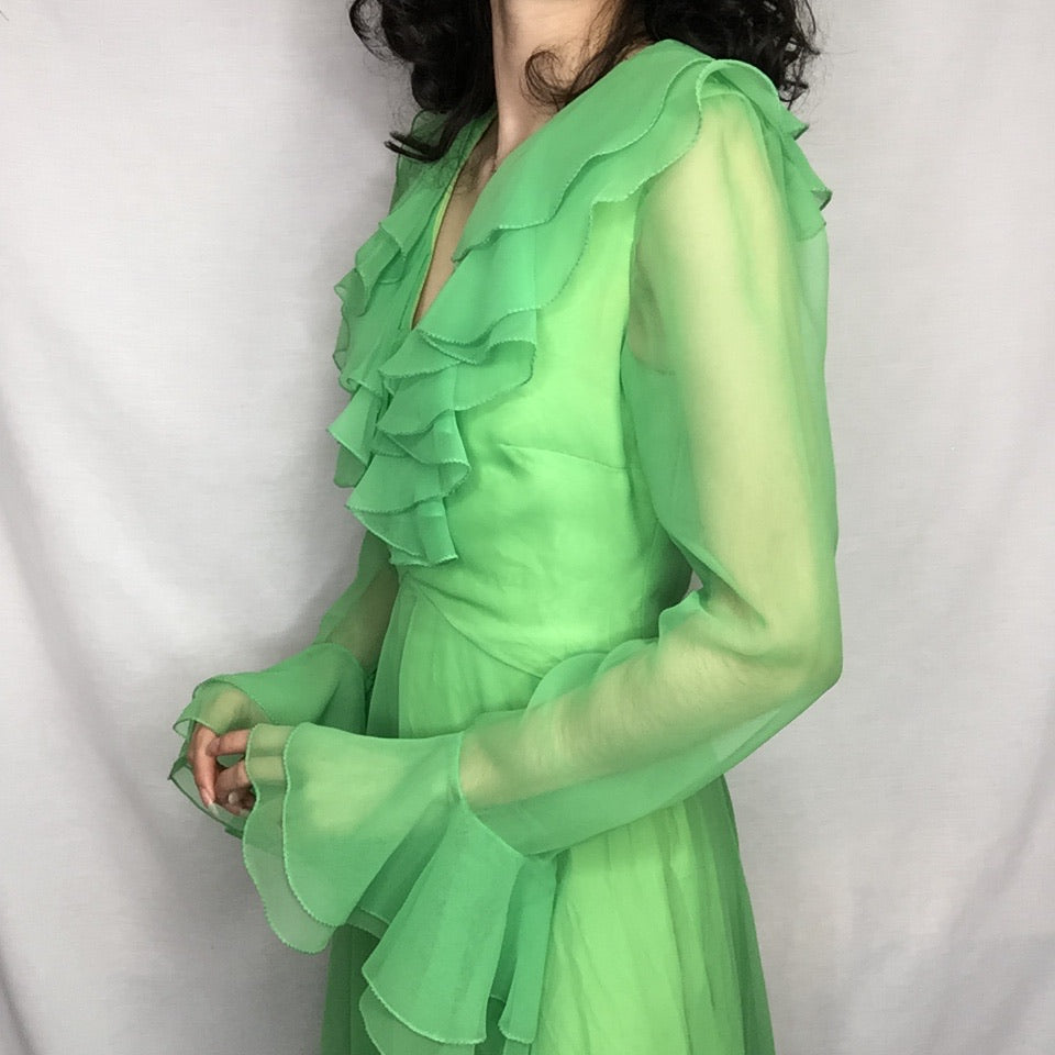 Vintage 70s | COCO California Bright Green Groovy MOD Ruffle Maxi Dress | XS Vintage 70s | COCO California Bright Green Groovy MOD Ruffle Maxi Dress | XS