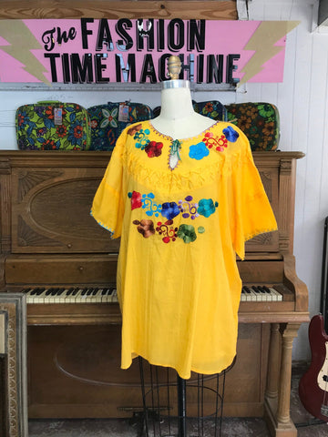 VTG 70s/ Mexican MuuMuu/ Hippie Cotton Summer Vacation/ Beach Cover Up/ Boho Puebla/ Embroidered/ Caftan Huipil Blouse/ XL/ XXL