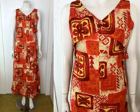 Vintage 60s Mod Cotton Barkcloth Hawaiian Orange Red Psychadelic Maxi Dress 12