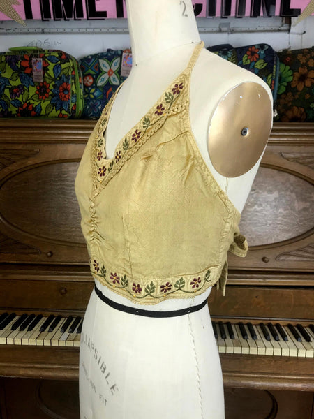 VTG 90s does 70s | Boho Hippie Gypsy Embroidered 2 Piece Halter Crop Top & Skirt