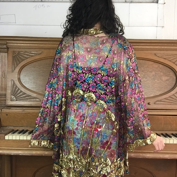 Vintage | Metallic Lace Sequined Beaded Boho Embellished Sheer Kimono | Size M