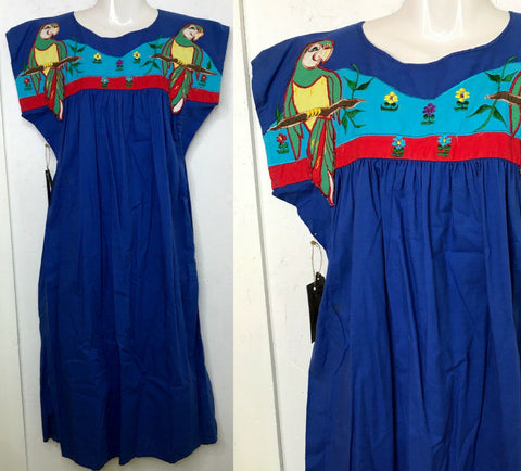 VTG 70s Mexican MuuMuu Ethnic Hand Woven Embroidered Parrot Caftan Huipil Dress