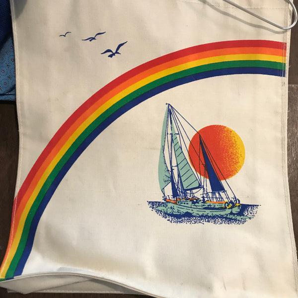 Vintage 70s | Rainbow Sailboat Boho Hippie Canvas Novelty Beach Tote Bag Handbag