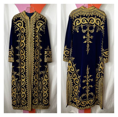 Vintage | Bohemian Royal Blue Gold Embroidered Velvet Robe Coat Turkish Afghan