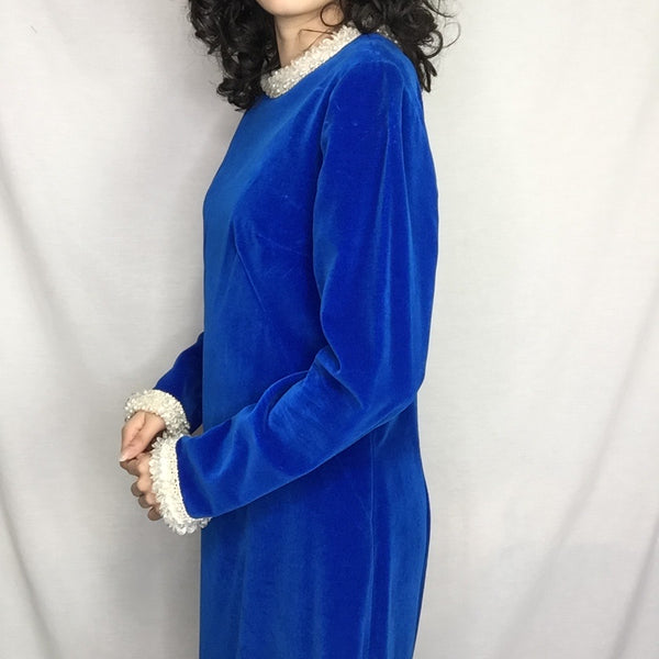Vintage 60s | Bright Blue Velvet MOD Mini MCM Beaded Cocktail Party Dress | L