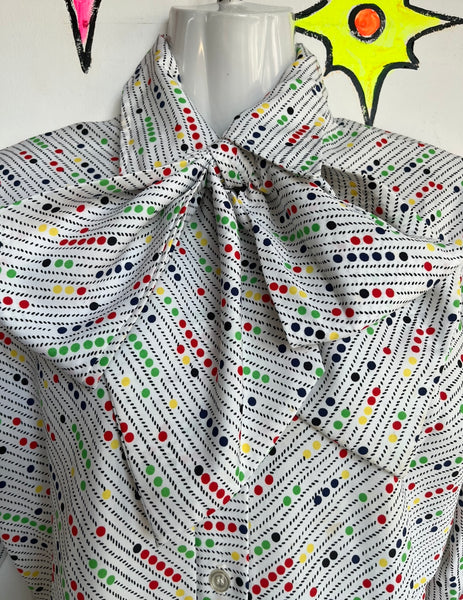 Vintage 70s | Rainbow Polka Dot Bow Tie Secretary Blouse Shirt Top | ML