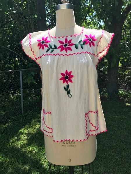 VTG 70s | Mexican Hippie Boho Cotton Boho Embroidered Blouse | Size S/M