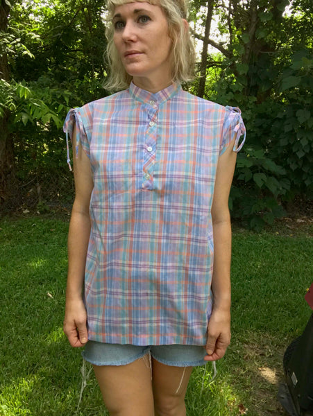 Vintage 70s 80s | Kawaii Pastel Plaid Prairie Country Rainbow and Gold Blouse L