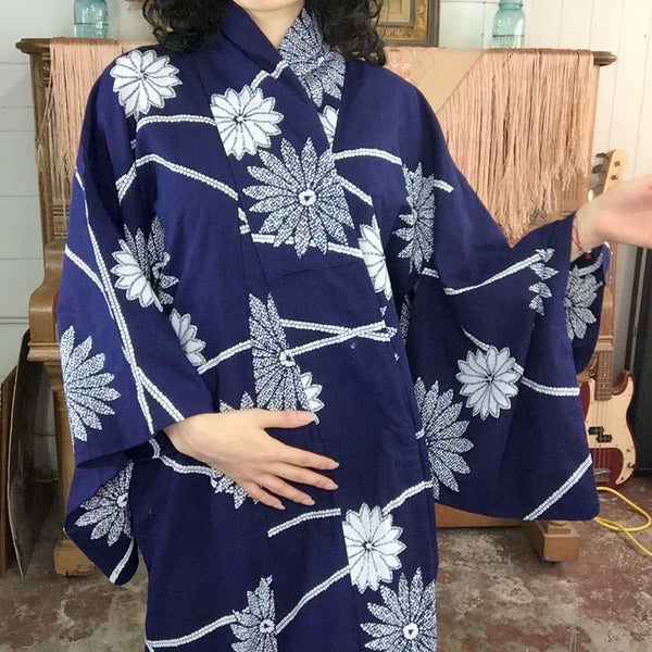 Vintage Japanese Cotton Navy Blue & White Floral Kimono