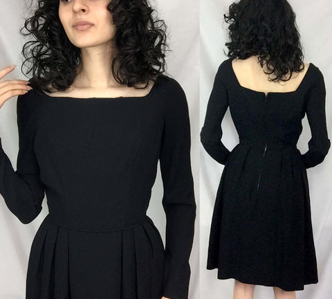 Vintage 1940s 1950s | Black Fit & Flare Dress Pinup Rockabilly Goth Dress | S