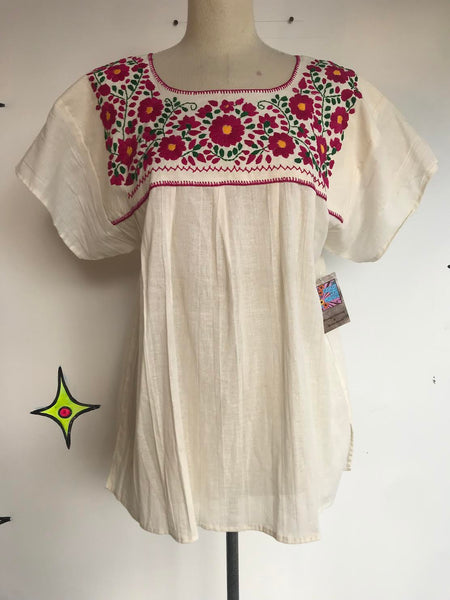 Vintage 70s | Mexican Hippie Cotton Boho Pink Embroidered Puebla Blouse | XL+