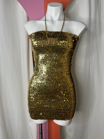 Vintage 70s | Gold Disco Sequin Stretchy Tube Top Mini Dress or Skirt | One Size