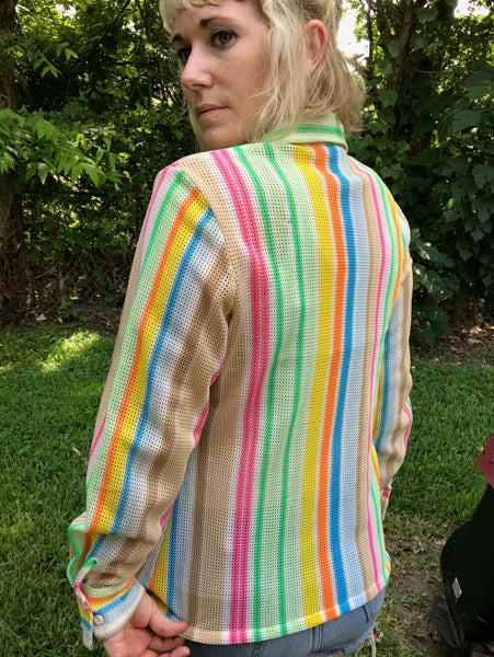 Vintage 60s 70s | Rainbow Stripe Novelty Dagger Collar Mod Disco Shirt Top | M