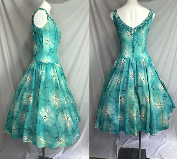 Vintage 1950s | Blue Swing Full Skirted Skirt Pin Up Cotton Party Dress | S-M